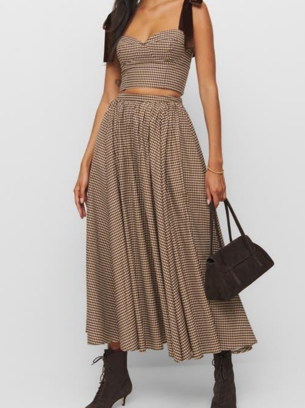 Reformation Brown Gingham Maxi Skirt and crop top SET